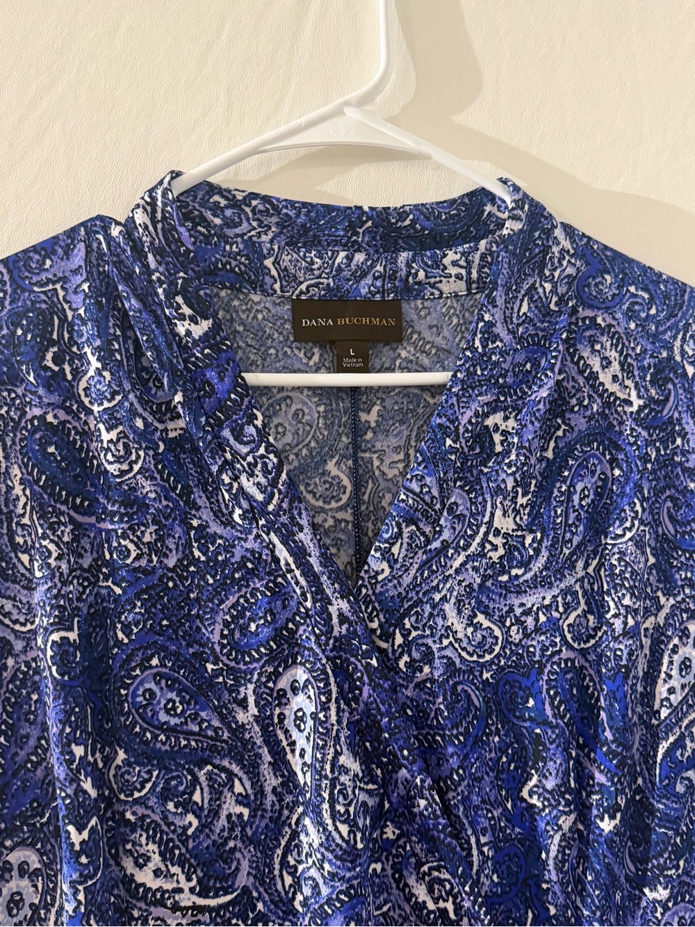 Dana Buchman Blue Paisley Print V-Neck Cap Sleeve Dress Sz L Boho Summer Casual